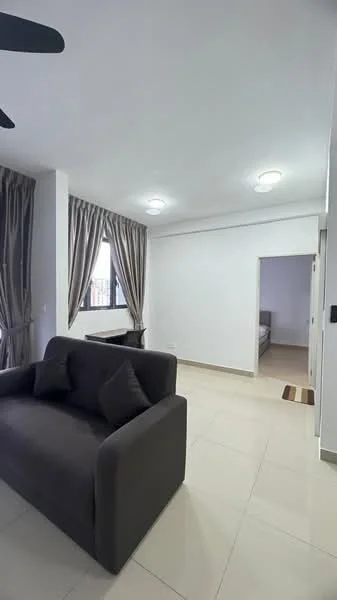 Living features: grey fabric sofa, two decorative cushions, white painted walls, cream tiled flooring, ceiling with recessed lighting, curtains in light grey, floor-to-ceiling windows, wall-mounted TV, small console table; style: modern. Room features: doorway leading to another room, light-coloured flooring.