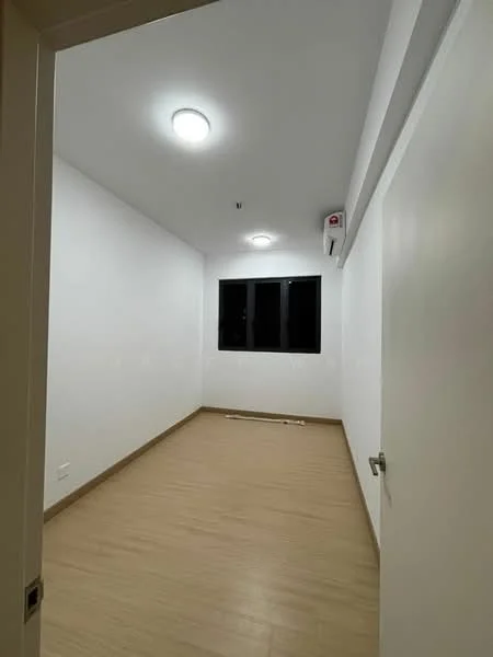 Room features: white painted walls, laminate flooring, recessed ceiling lights, 1 wall-mounted split AC, floor-to-ceiling window, window treatments not visible, no visible furniture or decor; style: modern.
