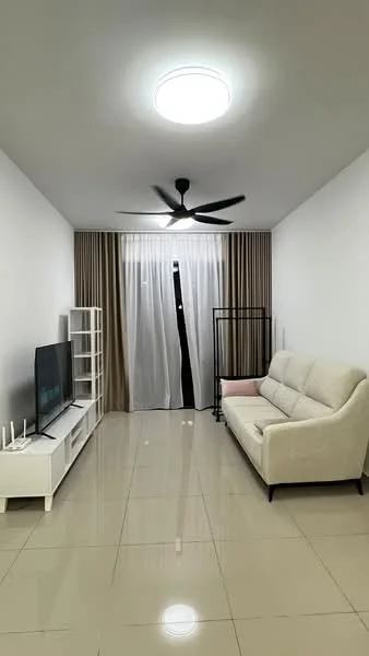 Living features: light grey fabric sofa, white TV console, wall-mounted TV, ceiling fan with light, large window with sheer curtains, white walls, glossy tile flooring, recessed ceiling light, black metal clothing rack, beige curtains; style: modern.