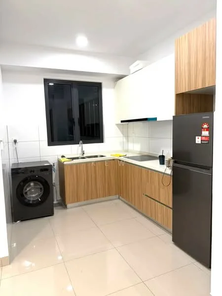 Kitchen features: white cabinets, wooden cabinetry, stainless-steel sink, chrome pull-down faucet, black refrigerator, built-in oven, ceramic tile flooring, white tiled backsplash, washing machine, window with black frame, recessed downlights; style: modern.