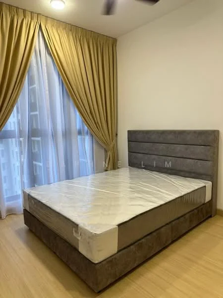 Bedroom features: queen-size bed, upholstered headboard, floor-to-ceiling windows, sheer curtains, wooden flooring, ceiling fan, decorative wall, neutral wall color; style: modern.