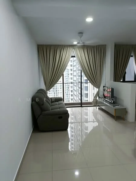 Living features: grey fabric sofa, floor-to-ceiling windows, sheer curtains, white painted walls, glossy tile flooring, ceiling fan, wall-mounted TV, TV console with storage; style: modern; view: city.