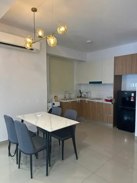 Kitchen features: white upper cabinets, wood lower cabinets, marble dining table, 4 grey upholstered dining chairs, black refrigerator, built-in sink, stainless-steel faucet, ceramic tile flooring, wall-mounted air conditioning unit, countertop with backsplash, kitchen appliances visible; style: modern.