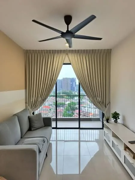 Living features: 3-seater fabric sofa in grey, floor-to-ceiling windows, sheer curtains, white painted walls, polished tile flooring, ceiling fan, TV console, decorative plant, view of city skyline; style: modern; view: city.