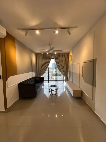 Living features: grey fabric 3-seater sofa, wooden coffee table, wall-mounted TV, TV console with storage, floor-to-ceiling windows, sheer curtains, recessed downlights, ceiling fan, cream painted walls, light grey tiled flooring, decorative wall paneling, balcony view; style: modern; view: city.