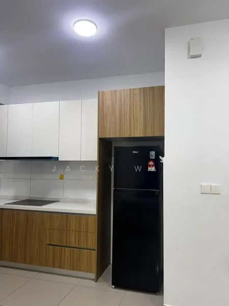 Kitchen features: white upper cabinets, wooden lower cabinets, stainless-steel sink, single-bowl sink, chrome faucet, black refrigerator, white countertop, ceramic tile flooring, recessed ceiling light; style: modern.