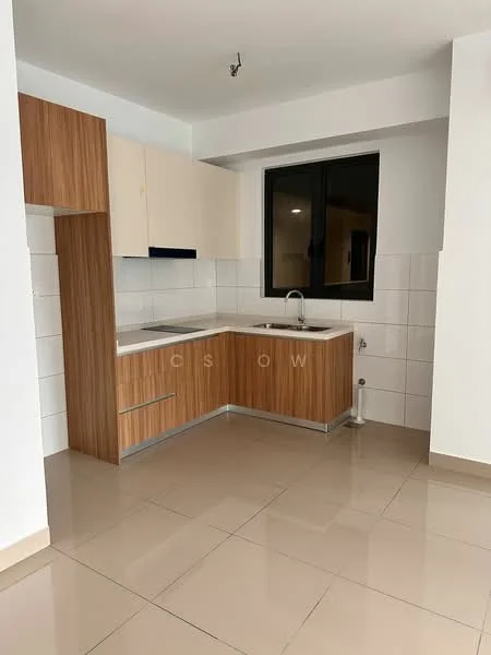 Kitchen features: laminate cabinetry in wood finish, white upper cabinets, stainless-steel sink, chrome pull-down faucet, white tiled backsplash, grey ceramic tile flooring, window with black frame, countertop with integrated sink, open layout, no visible appliances; style: modern.