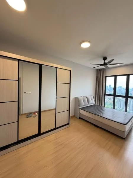 Bedroom features: queen-size bed, upholstered headboard, built-in wardrobe with sliding mirrored doors, ceiling fan, large windows with city view, wooden flooring, neutral wall color, curtains; style: modern; view: city.