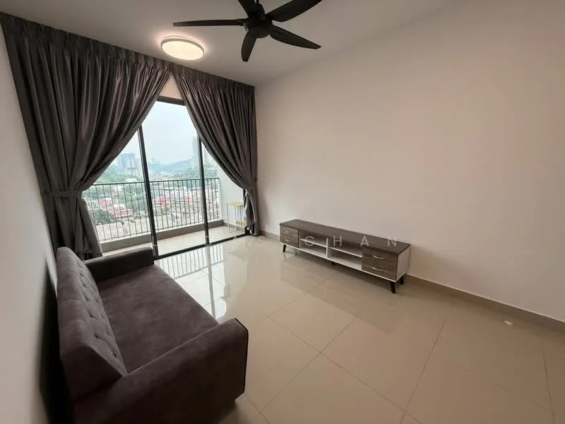 Living features: grey fabric sofa, flat-screen TV console in dark wood, large floor-to-ceiling windows, sliding glass door, curtains in dark grey, recessed ceiling light, ceiling fan with 3 blades, glossy tile flooring, white painted walls; style: modern; view: city.