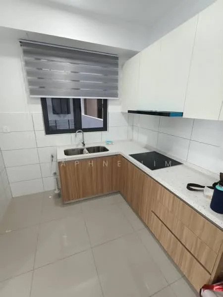 Kitchen features: single-bowl stainless-steel sink, chrome pull-down faucet, white quartz countertop, wood cabinetry with flat-panel design, built-in induction hob, white tiled backsplash, grey roller blinds, ceramic tile flooring, recessed downlights; style: modern.