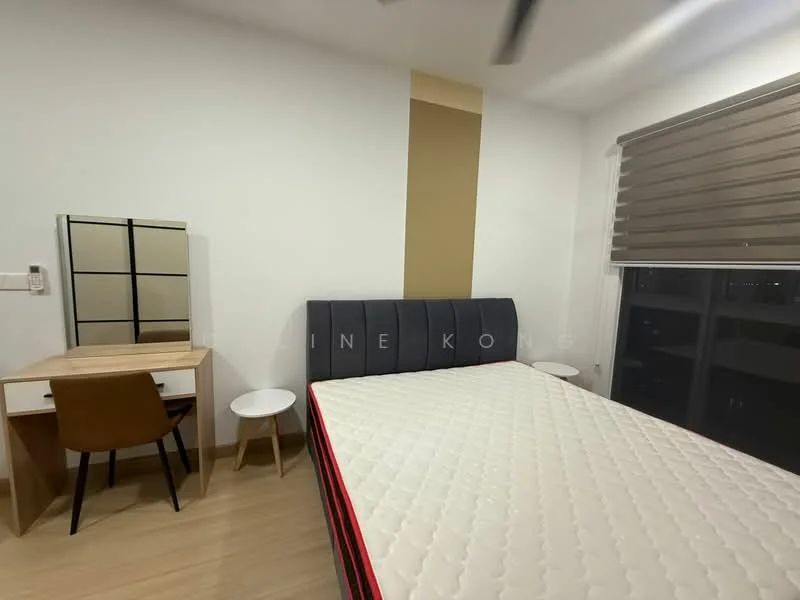 Bedroom features: queen-size bed, upholstered headboard in grey, wooden bedside tables, study desk with mirror, brown upholstered chair, wooden flooring, roller blinds on window, accent wall in beige, floor-to-ceiling window, recessed ceiling lights; style: modern; view: city.