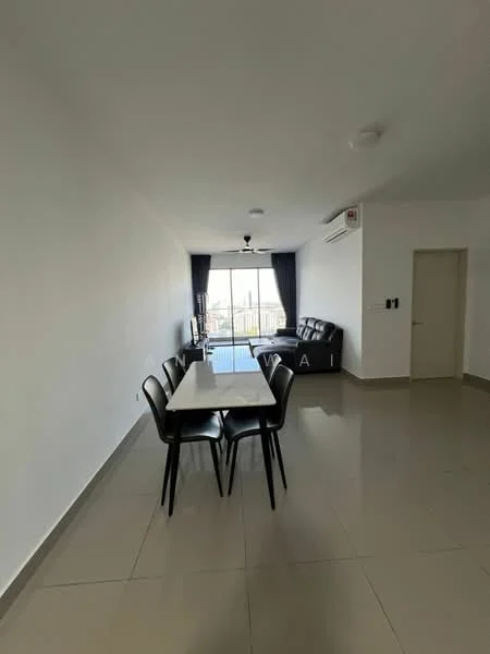 Dining features: white walls, glossy tile flooring, 5-blade ceiling fan with light, dining table with 4 black chairs, floor-to-ceiling windows, curtains, air conditioning unit, neutral decor; style: modern; view: city.