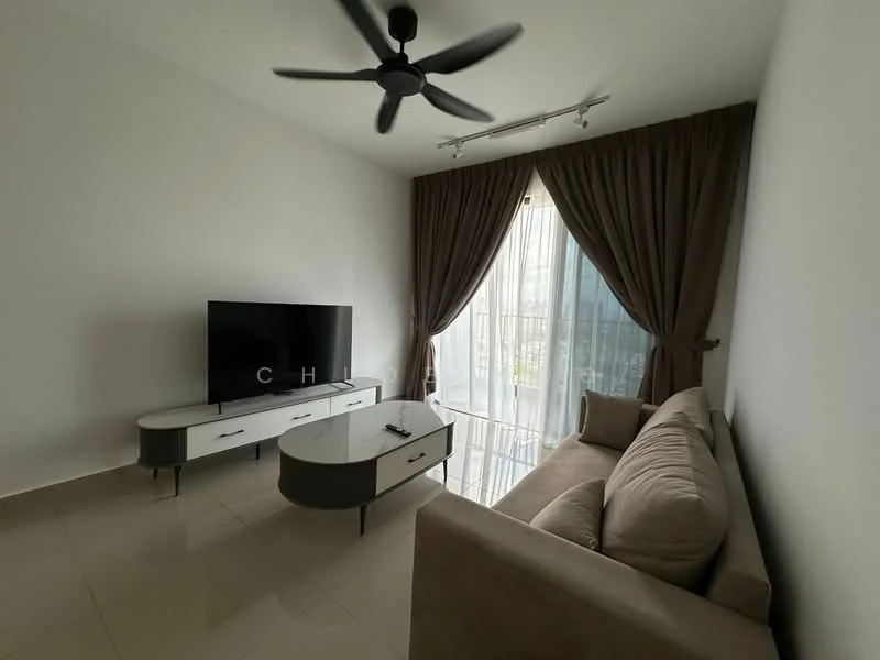 Living features: beige fabric sofa, 3-seater sofa, white TV console, black flat-screen TV, floor-to-ceiling windows, sheer curtains, dark brown curtain drapes, ceiling fan with light, recessed downlights, glossy tile flooring, decorative wall art; style: modern; view: garden.