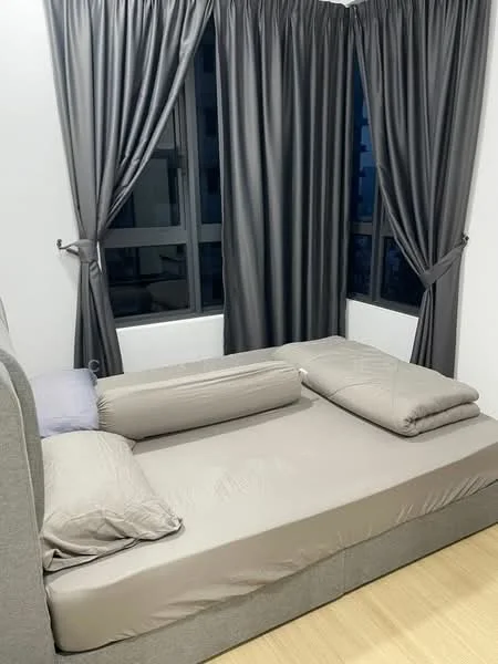Bedroom features: queen-size bed with grey upholstered headboard, light grey bedding, two grey bolster pillows, floor-to-ceiling windows, blackout curtains, wooden flooring, minimalist decor; style: modern.