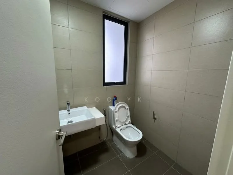 Bathroom features: white ceramic toilet, wall-mounted sink, chrome basin mixer faucet, grey tiled walls, dark grey floor tiles, window for natural light, toilet paper holder, handheld shower attachment; style: modern.