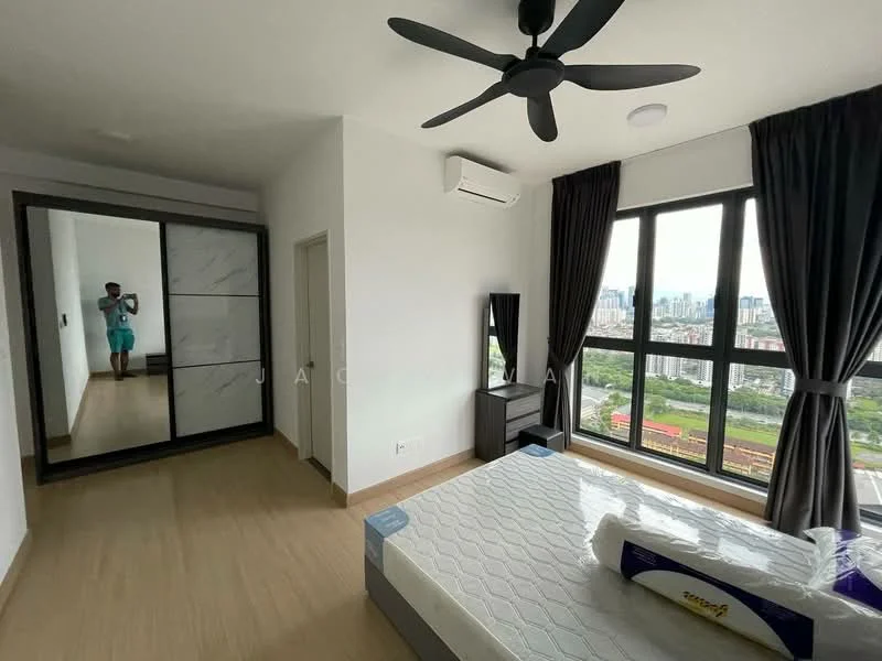 Bedroom features: queen-size bed, 5-blade ceiling fan, floor-to-ceiling windows, blackout curtains, wooden flooring, built-in wardrobe with sliding doors, air conditioning unit, nightstand, decorative wall, city view; style: modern; view: city.