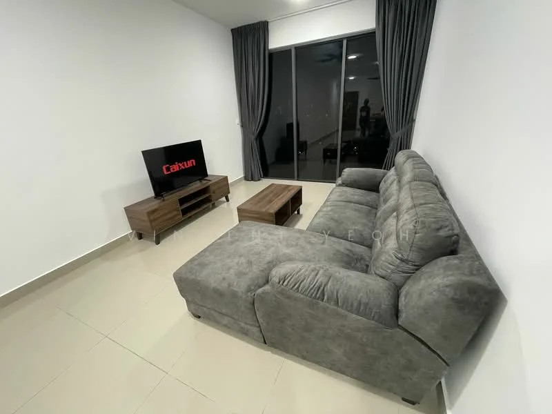 Living features: grey fabric sectional sofa, wooden coffee table, TV console, wall-mounted TV, floor-to-ceiling windows, sheer curtains, white painted walls, tile flooring, recessed downlights; style: modern; view: city.