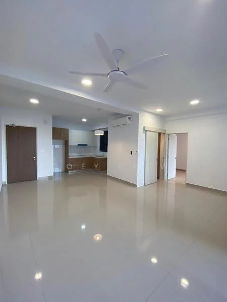 Living features: white painted walls, polished ceramic tile flooring, 5-blade ceiling fan with light, recessed LED downlights, wall-mounted air conditioning unit, door leading to hallway, door leading to kitchen, open layout; style: modern. Kitchen features: white cabinetry, countertop, open layout to living area; style: modern.