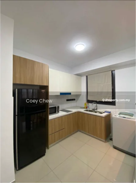 Kitchen features: white cabinets, wooden cabinetry, black refrigerator, built-in microwave, stainless-steel sink, chrome pull-down faucet, white countertop, ceramic tile flooring, recessed ceiling lights, window with roller blinds, washing machine; style: modern.