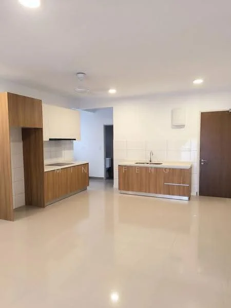 Kitchen features: laminate cabinetry in wood finish, white tiled backsplash, stainless-steel single-bowl sink, chrome pull-down faucet, built-in oven, freestanding range oven, white walls, recessed downlights, polished tile flooring, ceiling fan; style: modern.