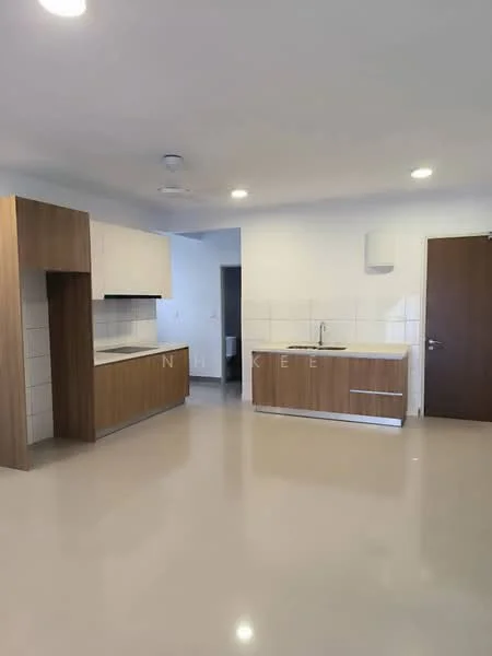 Kitchen features: laminate cabinetry in light wood, white tiled backsplash, single-bowl stainless-steel sink, chrome pull-down faucet, countertop with white surface, built-in oven, ceramic cooktop, recessed downlights, wall-mounted extractor hood, open layout, smooth polished flooring, ceiling fan; style: modern.