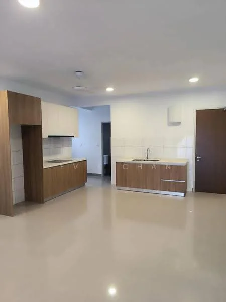 Kitchen features: white cabinetry, wooden cabinetry, ceramic tile backsplash, stainless-steel sink, chrome pull-down faucet, built-in oven, freestanding range oven, white walls, recessed downlights, polished concrete flooring, open layout, countertop with overhang; style: modern.
