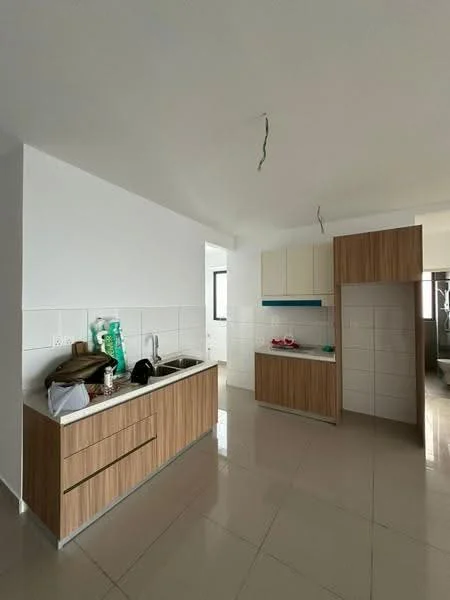 Kitchen features: single-bowl stainless-steel sink, chrome pull-down faucet, laminate countertop, wood cabinetry with light wood finish, white tiled backsplash, ceramic tile flooring, recessed downlights, open shelving, kitchen island, built-in cabinets; style: modern.