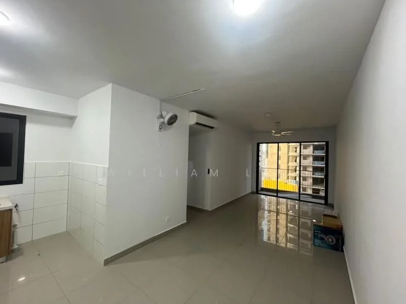 Living features: white painted walls, glossy tile flooring, 5-blade ceiling fan with light, wall-mounted split AC, floor-to-ceiling sliding glass door, balcony access, natural light from large window, open layout to kitchen area; style: modern; view: city. Kitchen features: white tiled backsplash, wood cabinetry, countertop space, stainless-steel sink, built-in appliances; style: modern.