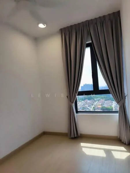 Room features: white painted walls, laminate flooring, floor-to-ceiling window, grey curtains, ceiling light, ceiling fan; style: modern; view: city.