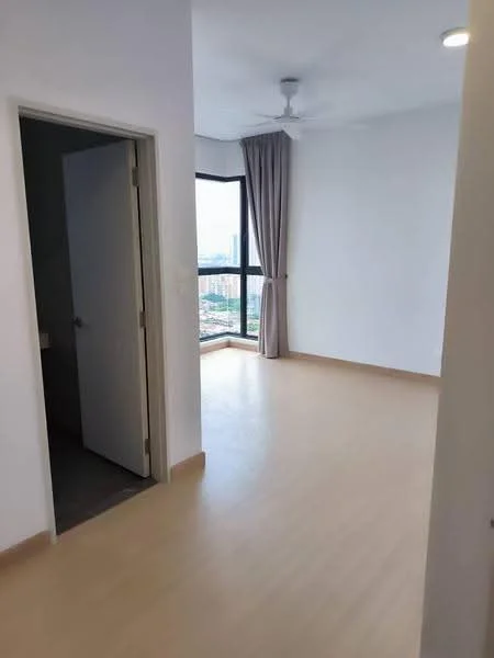 Room features: light wood laminate flooring, white painted walls, floor-to-ceiling windows, curtains, ceiling fan, door leading to another room, city view; style: modern; view: city.