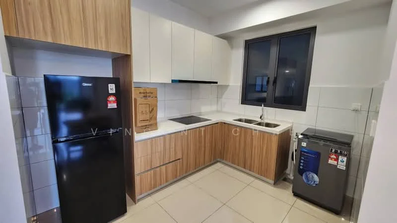 Kitchen features: black fridge, stainless-steel sink, chrome pull-down faucet, white quartz countertop, wood cabinetry, built-in oven, ceramic tile backsplash, grey washing machine, white wall tiles, cream floor tiles, single-bowl sink, sliding window; style: modern.