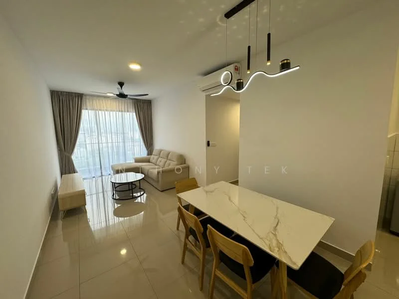 Living features: 3-seater fabric sofa in light grey, 2-seater fabric sofa in beige, round coffee table with black metal base, 6-seater dining table with marble top, wooden dining chairs, ceiling fan with light, recessed downlights, floor-to-ceiling windows with sheer curtains, glossy tile flooring, decorative wall with light pattern; style: modern; view: city.
