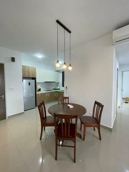 Dining features: round wooden dining table, 4 wooden dining chairs, pendant lighting with three glass globes, white walls, glossy tile flooring, refrigerator, kitchen cabinetry, kitchen countertop, wall-mounted air conditioning unit; style: modern. Kitchen features: white cabinetry, stainless-steel refrigerator, kitchen countertop, built-in oven, sink, wall-mounted cabinets; style: modern.