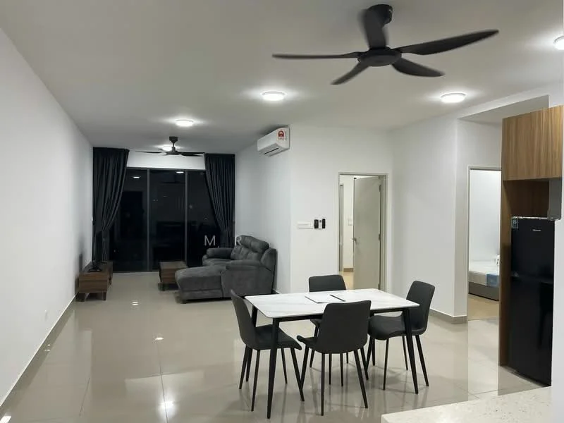 Living features: grey fabric sectional sofa, 4-seater dining table with white top, black dining chairs, 2 ceiling fans, wall-mounted split AC, floor-to-ceiling windows, dark curtains, light-colored tiled flooring, white painted walls, recessed ceiling lights; style: modern; view: city. Room features: doorway leading to another room, light-colored walls, light-colored flooring.