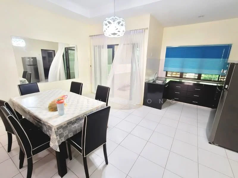 Dining features: 6-seater dining table, black upholstered dining chairs, tablecloth, decorative fruit bowl, white walls, tile flooring, large mirror on wall, window with sheer curtains, blue roller blinds, refrigerator, kitchen countertop, sink, pendant light; style: modern.