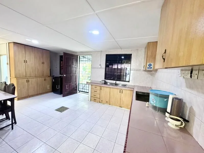 Kitchen features: light wood cabinetry, white tiled backsplash, grey countertop, stainless-steel sink, single-bowl stainless-steel sink, chrome faucet, built-in stove, ceramic tile flooring, recessed downlights, dining table with chairs, window with security grille, open layout, kitchen island, pantry cabinet; style: modern.