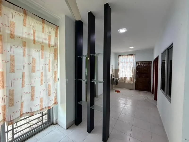 Room features: white painted walls, tile flooring, large windows, sheer curtains with geometric pattern, black vertical columns, glass shelving unit, recessed ceiling lights; style: modern.