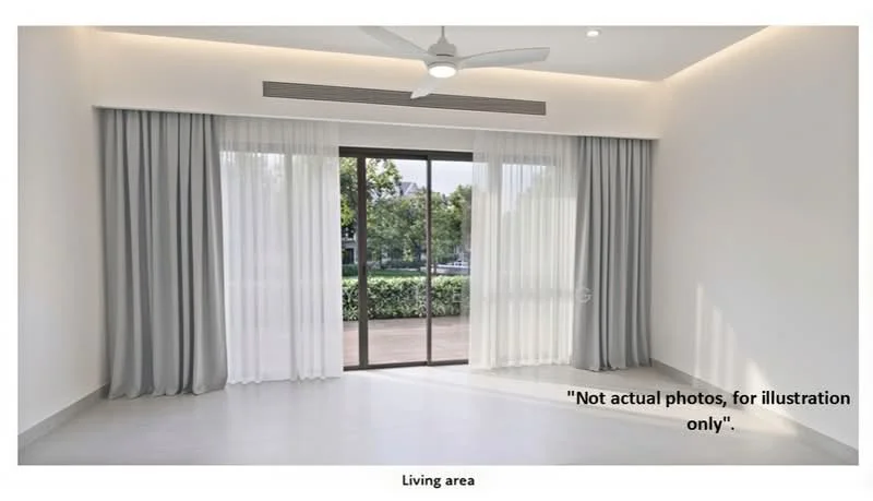 Living features: white painted walls, smooth concrete flooring, 5-blade ceiling fan with light, floor-to-ceiling sliding glass door, sheer curtains, grey curtains, recessed lighting, view of outdoor greenery; style: modern; view: garden.