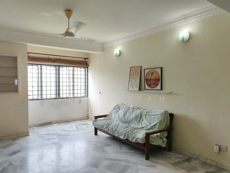 Living features: marble flooring, white painted walls, ceiling fan, two wall-mounted lights, large windows with grid pattern, wooden sofa, decorative artwork on walls.