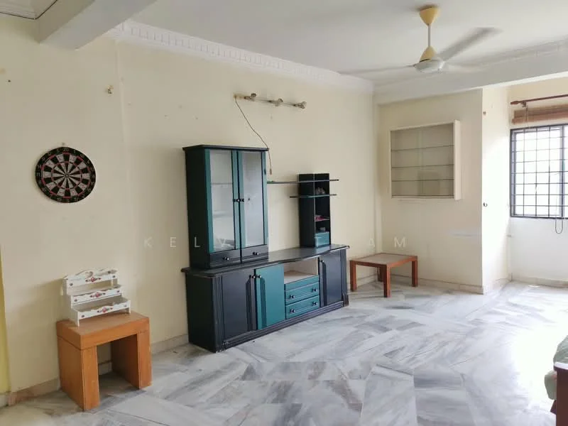 Living features: marble flooring, white painted walls, ceiling fan, glass-front cabinet, black and teal TV console, wooden side table, dartboard on wall, window with grid, built-in shelving unit.
