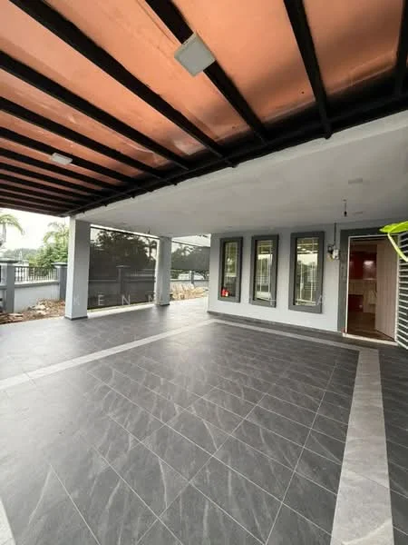 Exterior features: covered patio, grey tiled flooring, exposed wooden beams, white painted walls, large windows, landscaped area, outdoor lighting, sliding door access, paved walkway; style: modern.
