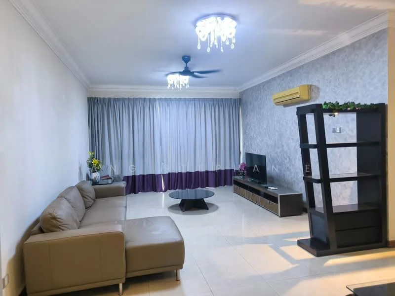 Living features: 3-seater fabric sofa in beige, round coffee table in black, wall-mounted TV, TV console in dark wood, floor-to-ceiling windows with sheer curtains, ceiling fan, chandelier with multiple bulbs, cream painted walls, glossy tile flooring, decorative shelving unit, air conditioning unit on wall; style: modern.
