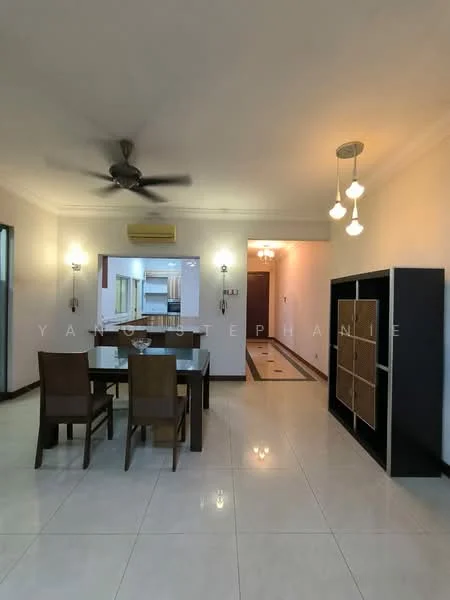 Dining features: 4-seater dining table, wooden dining chairs, white tiled flooring, 5-blade ceiling fan, recessed downlights, pendant lights, open layout to kitchen, wall-mounted air conditioning unit, decorative shelving unit; style: modern. Kitchen features: open kitchen layout, white cabinetry, countertop, kitchen appliances visible; style: modern. Hallway features: white walls, decorative wall lighting; style: modern.