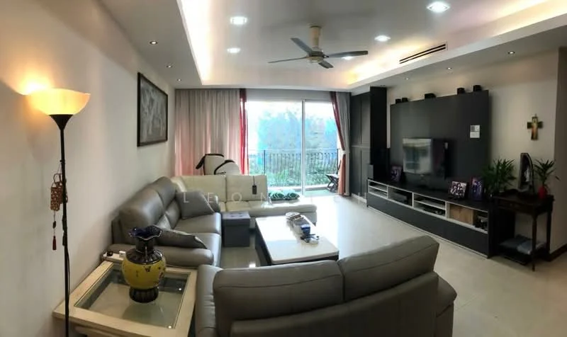 Living features: 3-seater leather sofa in grey, 2-seater leather sofa in grey, coffee table, TV console, wall-mounted TV, ceiling fan, recessed downlights, floor-to-ceiling windows, sliding glass door, curtains, decorative wall cross, area rug; style: modern; view: garden.