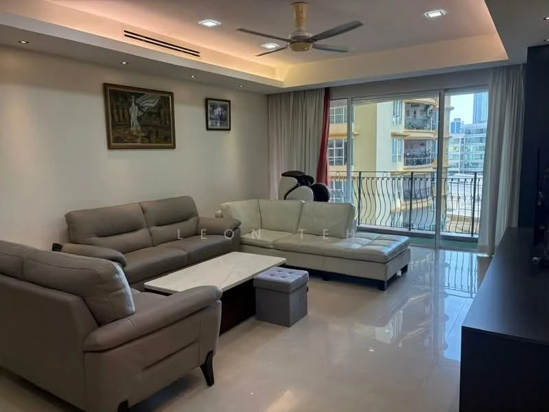 Living features: 3-seater fabric sofa in light grey, 2-seater fabric sofa in light grey, coffee table with marble top, wall-mounted TV, ceiling fan with light, recessed downlights, floor-to-ceiling windows, curtains, marble tile flooring, decorative artwork on wall, balcony view; style: modern; view: city.