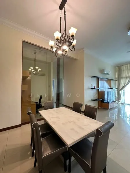 Dining features: 6-seater dining table with marble top, upholstered dining chairs in grey, chandelier with multiple bulbs, cream painted walls, glossy tile flooring, floor-to-ceiling glass wall, built-in cabinetry, air conditioning unit on wall, natural light from large window; style: modern.