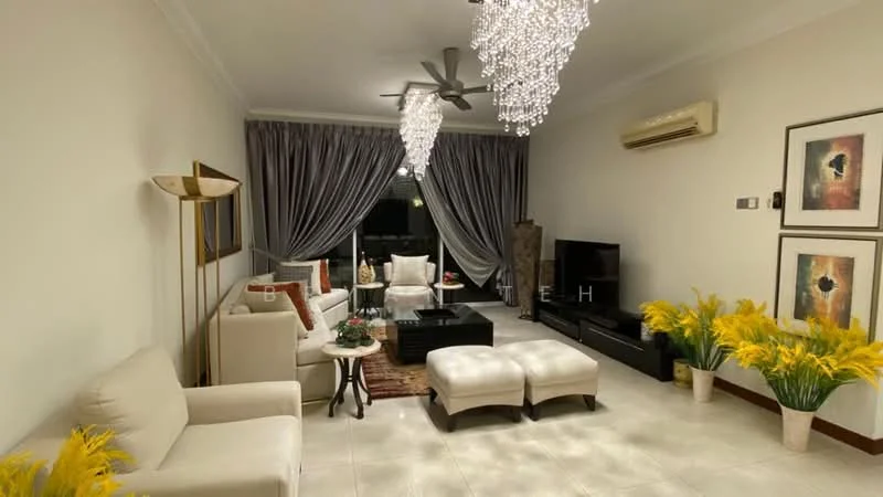 Living features: cream painted walls, white ceiling, 5-blade ceiling fan with light, chandelier with crystals, large window with sheer curtains, sofa in cream fabric, 2 upholstered ottomans, black coffee table, TV console in black, wall-mounted TV, decorative wall art, area rug with geometric pattern, potted plants with yellow flowers, wooden side table; style: modern; view: city.