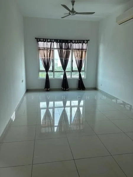 Living features: white painted walls, glossy ceramic tile flooring, 5-blade ceiling fan, floor-to-ceiling windows, blackout curtains, natural light from windows, reflected light on floor; style: modern; view: garden.