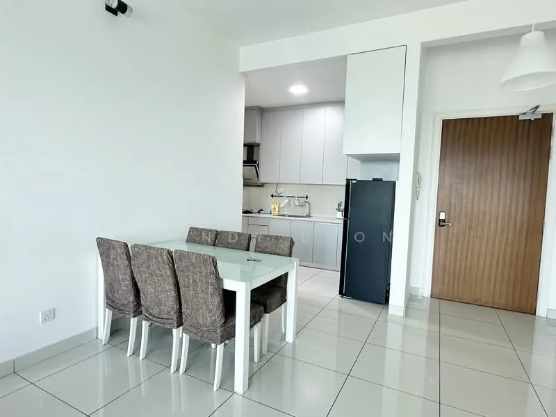 Dining features: 4-seater dining table with glass top, upholstered dining chairs in brown, white walls, tile flooring, recessed downlights, open layout to kitchen, floor-to-ceiling windows, kitchen visible in background; style: modern. Kitchen features: grey cabinetry, stainless-steel sink, built-in oven, stove with hood, white backsplash, refrigerator, countertop space, tile flooring; style: modern.