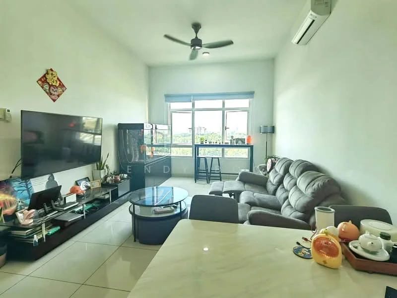 Living features: grey fabric sectional sofa, glass coffee table, wall-mounted TV, TV console with storage, floor-to-ceiling windows, roller blinds, 5-blade ceiling fan with light, air conditioning unit, decorative wall art, ceramic decorative items on table, open view from window; style: modern; view: city.